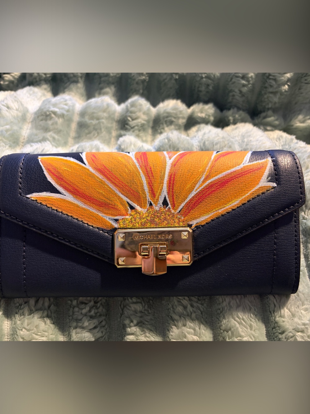 Navy Wallet Clutch with Hand-Painted Orange Sunflower